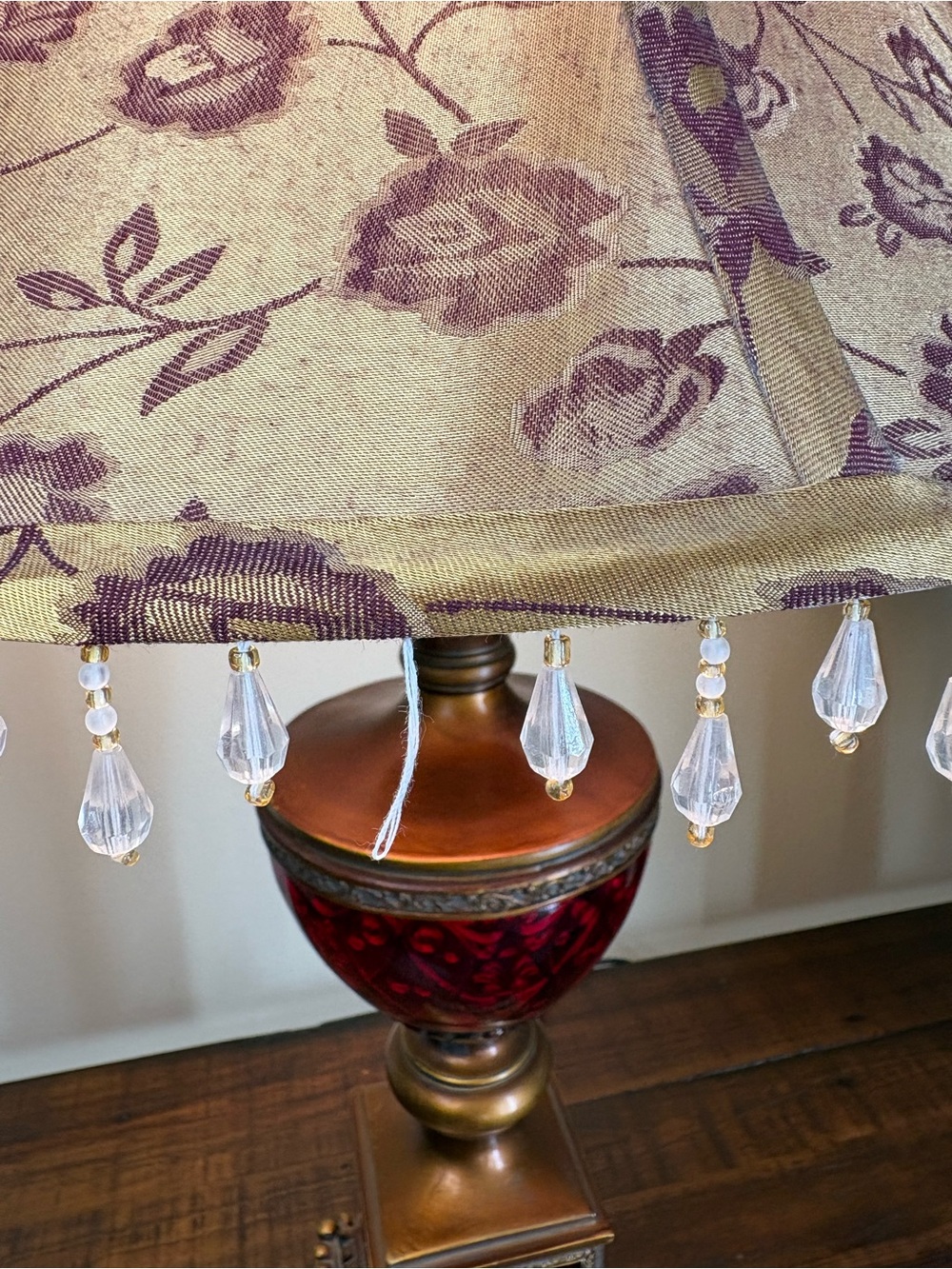 Decorative Red and Gold Table Lamp with Beaded Shade - Picture 11 of 15